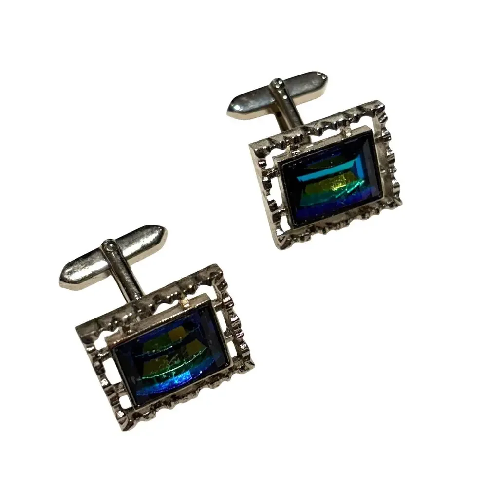 Vintage Mid Century Silver Cufflinks Textured Faceted aqua blue green centers